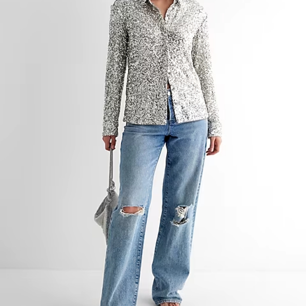 Express Silver Sequin button up blouse - Picture 4 of 4